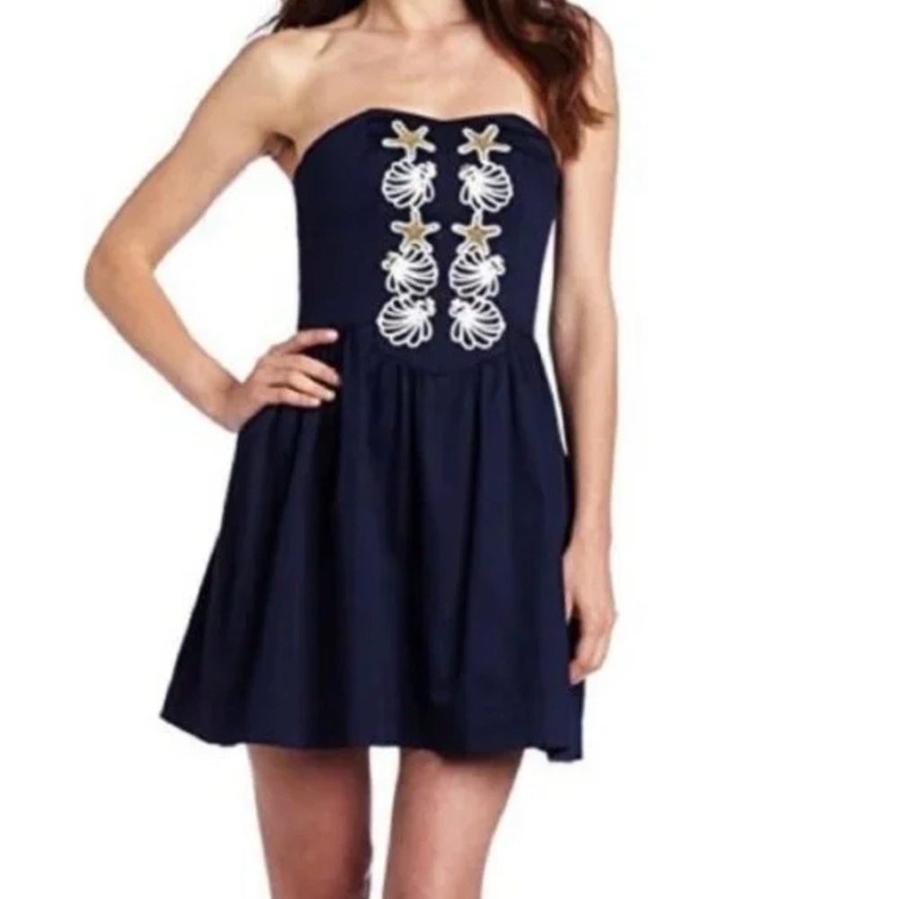 Lilly Pulitzer Mayfield Strapless Mini Dress Navy Starfish Seashell Size 4